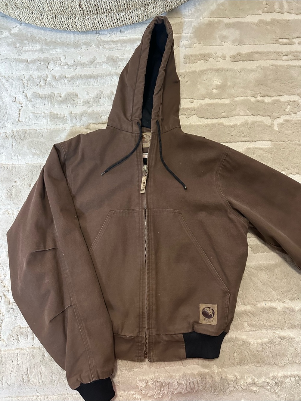 Men's Brown Hooded Lined Zip Jacket with Ribbed Trim